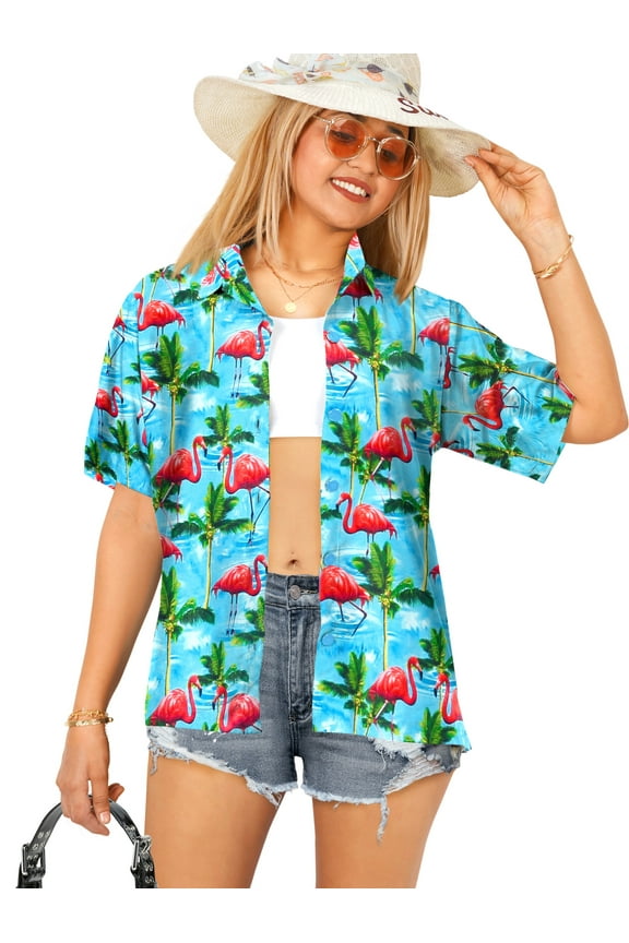 Hawaiian Shirts Womens Casual Summer Beach Party Short Sleeve Tropical Vacation Tops Blouse Shirt Blouses Dress Shirts Tank Top Women XXL Palm Flamingos, Blue