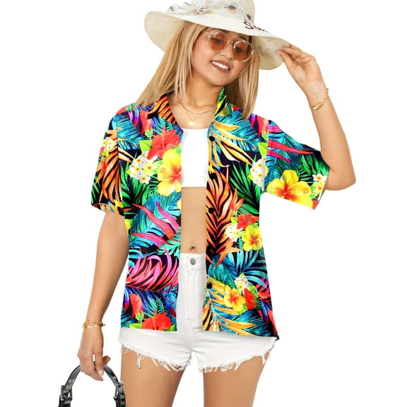 LA LEELA Hawaiian Shirts Womens Casual Summer Beach Party Short Sleeve Vacation Tops Blouse Shirt Dressy Blouses Dress Shirts T Shirts for Women L Tropical Hibiscus Floral, Black