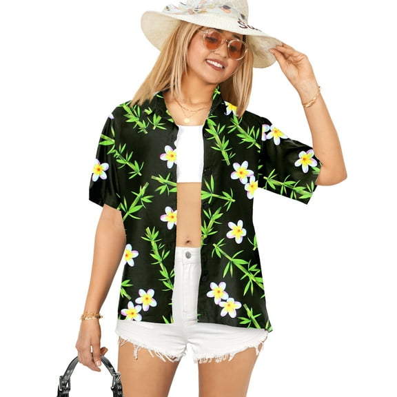 LA LEELA Hawaiian Shirts Womens Casual Summer Beach Party Short Sleeve Vacation Tops Blouse Shirt Floral Blouses Button up Dress Shirts T Shirt for Women XL Magnolia Flower, Black