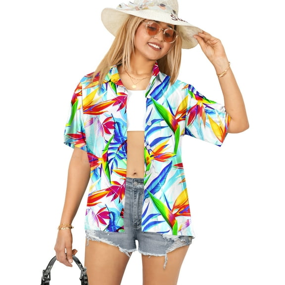 LA LEELA Hawaiian Shirts Womens Casual Summer Beach Short Sleeve Vacation Blouse Shirt Luau Party Blouses Dress Tops Tee Shirts T Shirt for Women S Allover Leafs, Multicoloured