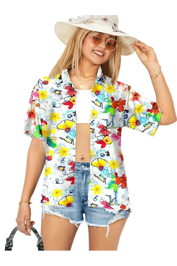 Hawaiian Shirts Womens Casual Summer Button Down Beach Party Short Sleeve Vacation Blouse Shirt Blouses Button up Dress Tee Shirts for Women M Glass Paint, Multicoloured