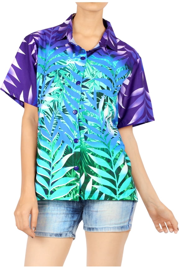 Hawaiian Shirts Womens Casual Summer Button Down Beach Party Short Sleeve Vacation Blouse Shirt Hawaii Blouses Dress Tee Shirts for Women L Forest, Multicoloured