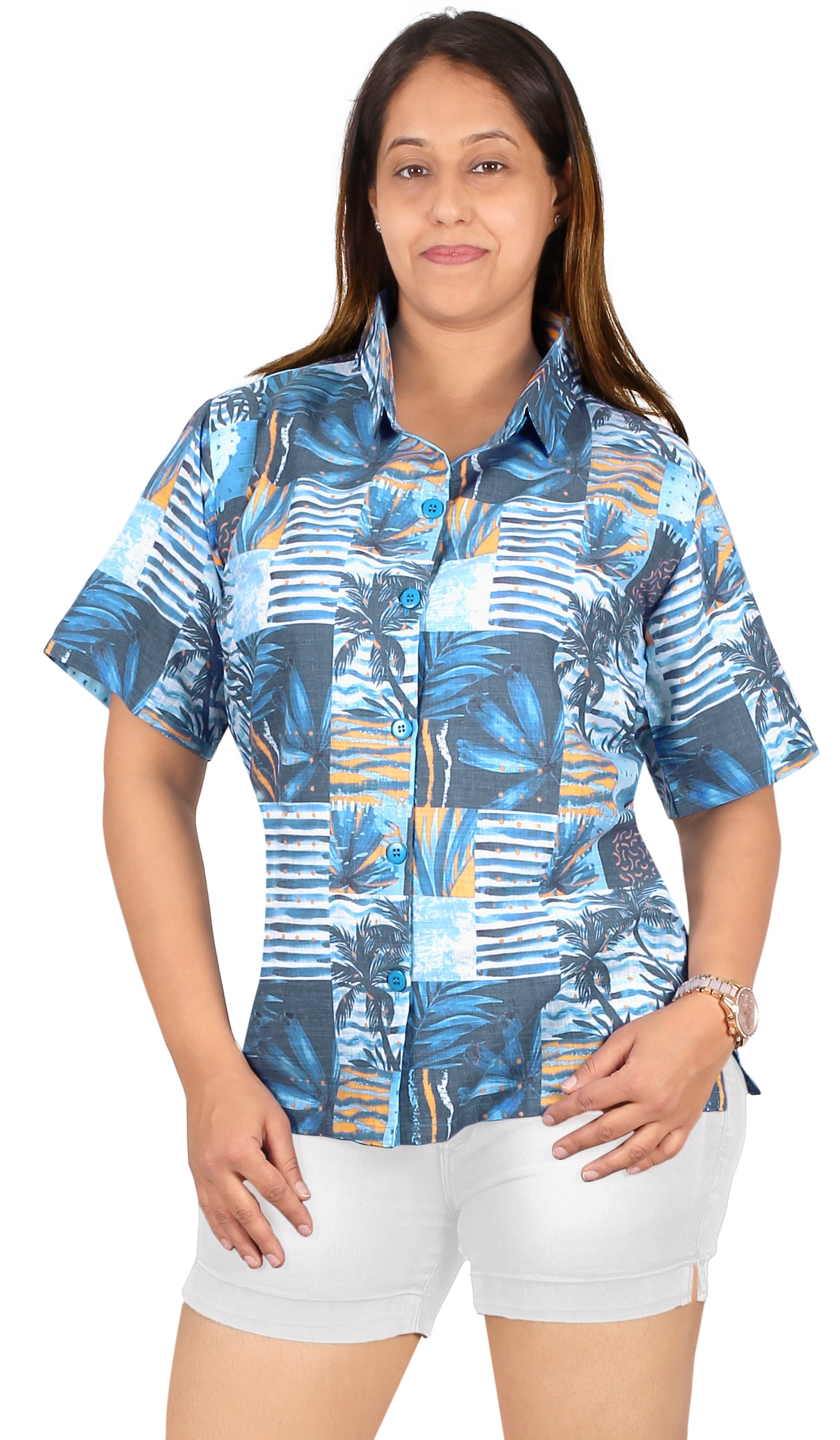 LA LEELA Hawaiian Shirts Womens Cotton Linen Effect Shirt Short Sleeve ...
