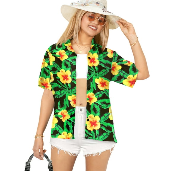 LA LEELA Hawaiian Shirts Womens Floral Summer Button Down Beach Party Blouse Shirt T-Shirt Blouses Short Sleeve Vacation Tee Shirts for Women XL Allover Flower, Black