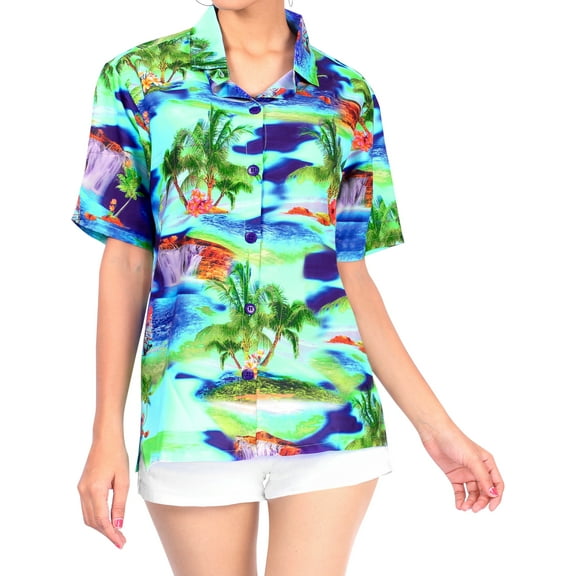 LA LEELA Hawaiian Shirts Womens Summer Beach Party Blouse Shirt Collared Blouses Button up Short Sleeve Dress Tee Shirts Tops for Women L Beach Camo, Blue