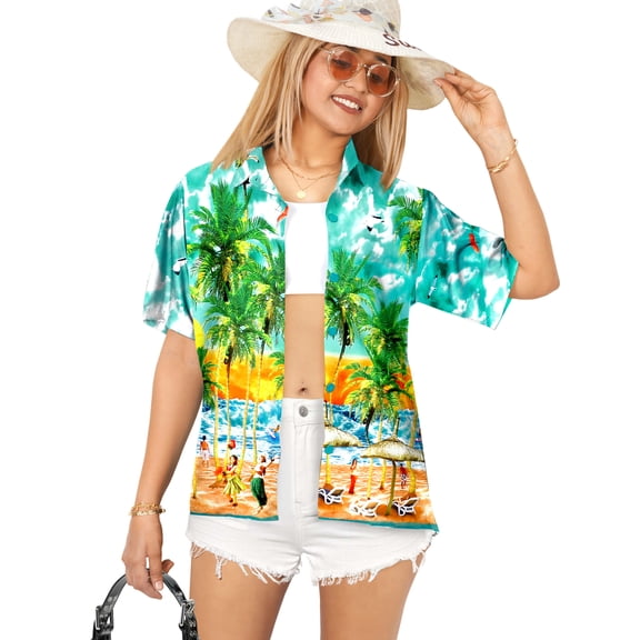 LA LEELA Hawaiian Shirts Womens Summer Button Down Beach Party Blouse Shirt T-Shirt Blouses Short Sleeve Button up Tops Tee Shirts for Women S Water Surfing, Autumn Green