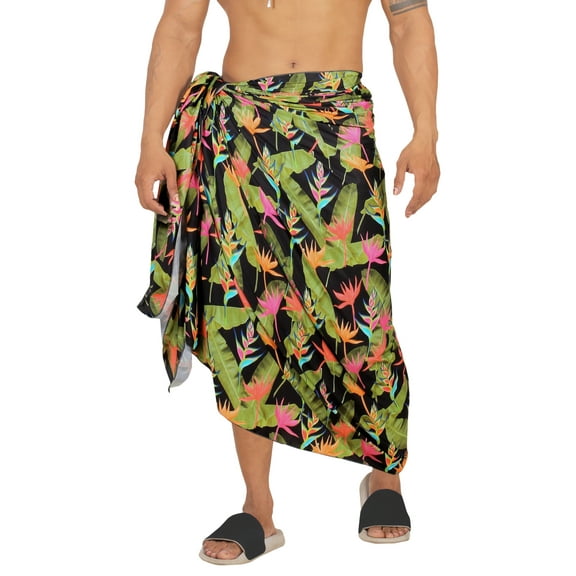 LA LEELA Men's Bath Trunk Swimwear Sarong Pareo Beach Wrap One Size Leaves, Black Summer Vacation Aloha
