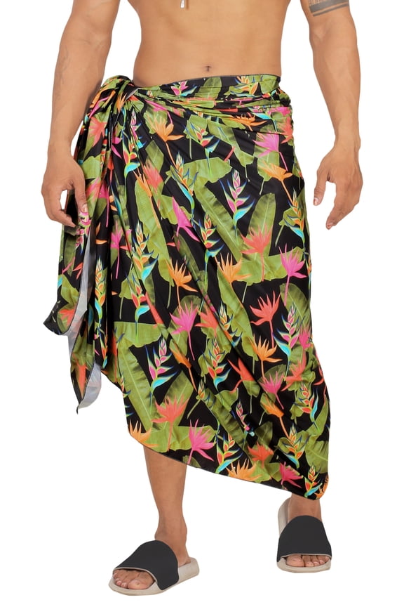 Men's Bath Trunk Swimwear Sarong Pareo Beach Wrap One Size Leaves, Black Summer Vacation Aloha