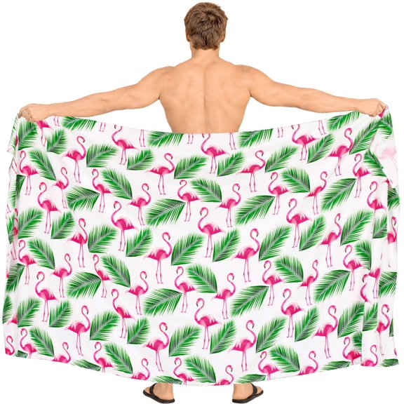 LA LEELA Men's Bath Trunk Swimwear Sarong Pareo Beach Wrap One Size Snow, Flamingo Summer Vacation Aloha