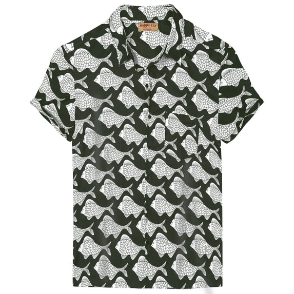 LA LEELA Men's Button-Down Collar Shirts Holiday Aloha Tops Short Sleeve Hawaii Shirt Cruise Summer Vacation Shirt For Men M Fish, Black