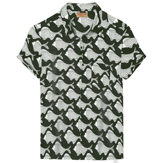 LA LEELA Men's Button-Down Collar Shirts Holiday Aloha Tops Short Sleeve Hawaii Shirt Cruise Summer Vacation Shirt For Men XL Fish, Black