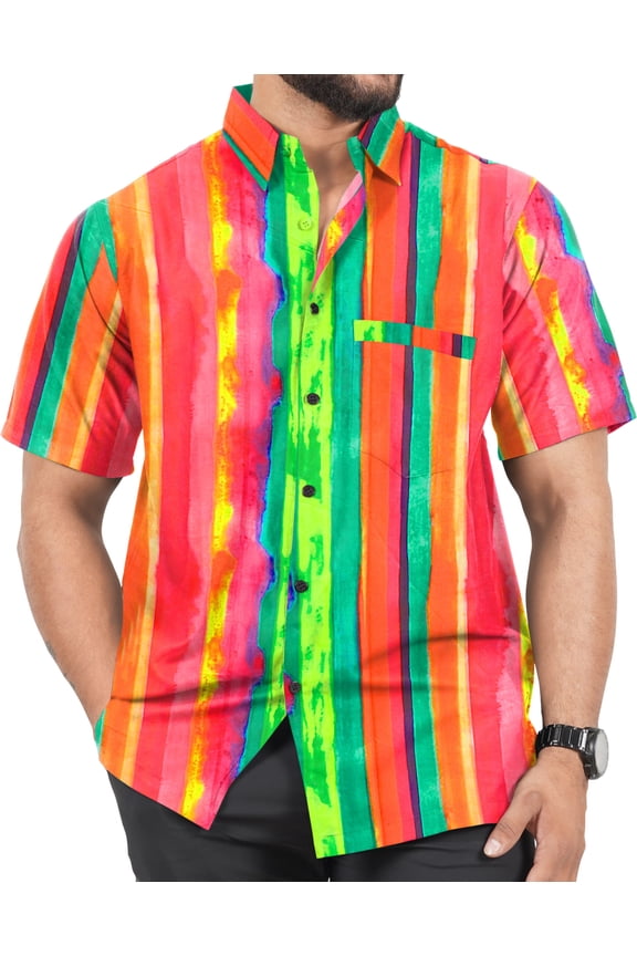 Men's Button Down Summer Mens Shirts Hawaii Party Tops Cruise Vacation Camping Front Pocket Short Sleeve Shirt M Stripes, Multicolor