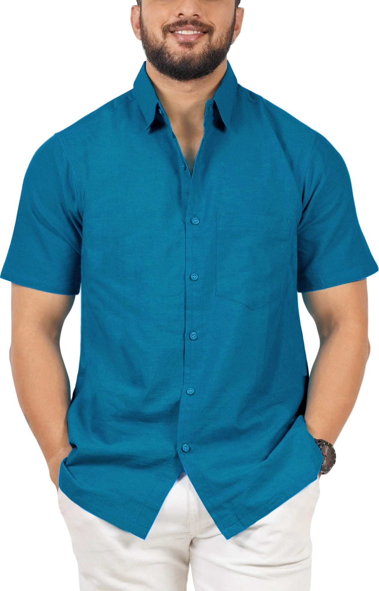 LA LEELA Men Short Sleeve Button Down Shirts Solid Shirt Summer Beach Tops with Pocket Spread Collar Casual Camp Vacation Shirts for Men M Blue Solid
