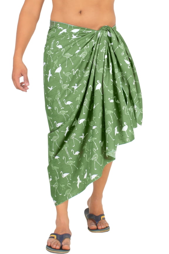 Men's Cotton Linen Effect Swimwear Beach Cover Up Swimsuit Pareo Wrap Sulu Sarong For Men One Size Emerald, Flamingo Summer Vacation