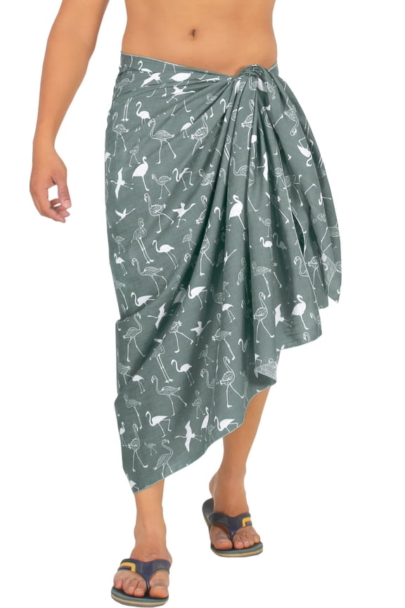 Men's Cotton Linen Effect Swimwear Beach Cover Up Swimsuit Pareo Wrap Sulu Sarong For Men One Size Shadow, Flamingo Vacation