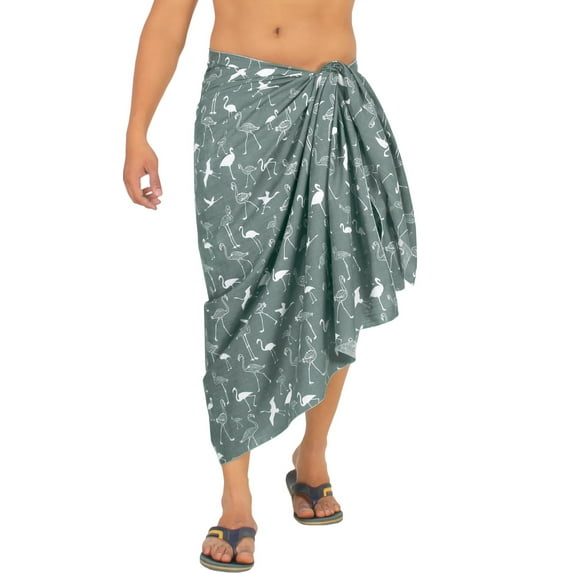 LA LEELA Men's Cotton Linen Effect Swimwear Beach Cover Up Swimsuit Pareo Wrap Sulu Sarong For Men One Size Shadow, Flamingo Vacation
