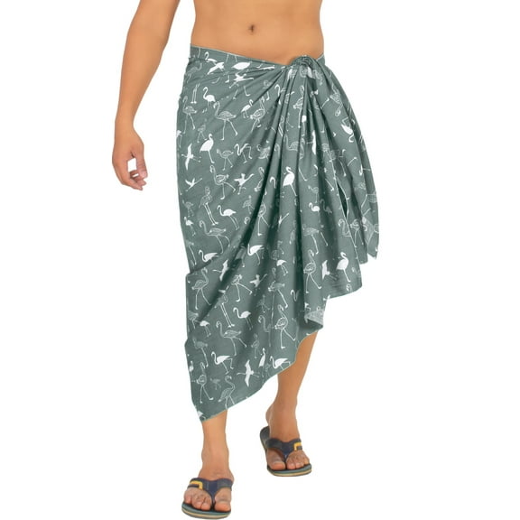 LA LEELA Men's Cotton Linen Effect Swimwear Beach Cover Up Swimsuit Pareo Wrap Sulu Sarong For Men One Size Shadow, Flamingo Vacation