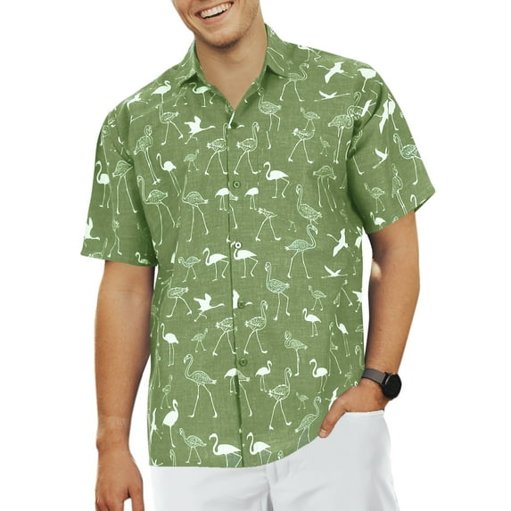 LA LEELA Men's Funky Hawaiian Shirt Cotton Linen Effect Button Down Casual Beach Funny Shirts For Men L Olive, Flamingo Summer