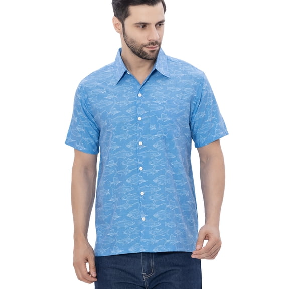 LA LEELA Mens Short Sleeve Button Down Casual Beach Shirt M Saltwater Fish White Blue