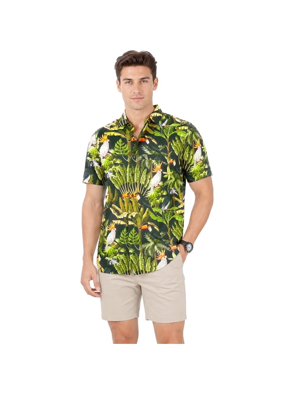Men's Hawaii Shirt Short Sleeve Summer Tops Holiday Stylish Men Vacation Beach Shirt Button Down Funky Shirts For Mens M Tropical Bird, Green