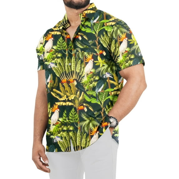 LA LEELA Men's Hawaii Shirt Short Sleeve Summer Tops Holiday Stylish Men Vacation Beach Shirt Button Down Funky Shirts For Mens XXL Tropical Bird, Green