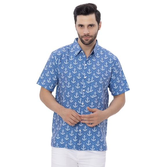 LA LEELA Men's Hawaiian Beach Caribbean Party Shirt Funky Short Sleeve Button Down Vintage Halloween Shirts for Men S Anchor, Blue