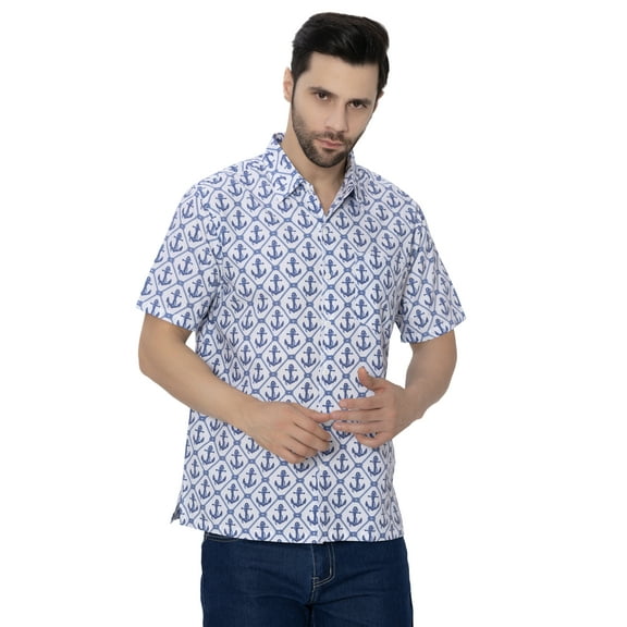 LA LEELA Men's Hawaiian Beach Caribbean Party Shirt Funky Short Sleeve Button Down Vintage Halloween Shirts for Men S Anchor, White