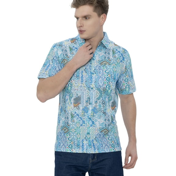 LA LEELA Men's Hawaiian Button Down Casual Summer Shirts M Abstract Sky Blue Vacation Party Beach Holiday