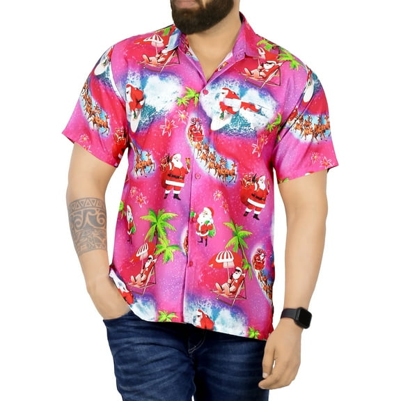 LA LEELA Men's Hawaiian Christmas Tree Shirts Short Sleeve Button Down Shirt Mens Shirts Beach Aloha Shirts for Men Funny XL Santa Reindeer, Pink