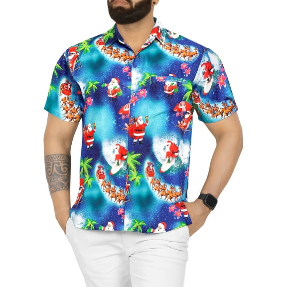 LA LEELA Men's Hawaiian Christmas Tree Shirts Short Sleeve Button Down Shirt Mens Tropical Shirts Vacation Shirt for Men Funny XL Santa Reindeer, Blue
