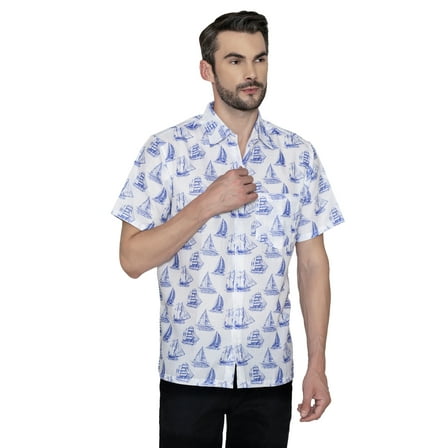 LA LEELA Men's Hawaiian Shirt Fashion Button Down Short Sleeves Holidays Aloha Party Casual Tops Summer Beaches Shirts for Men M White Boat