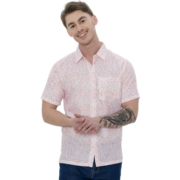 LA LEELA Men's Hawaiian Shirt Fashion Button Down Short Sleeves Holidays Aloha Party Casual Tops Summer Beaches Shirts for Men S Coral Leaves