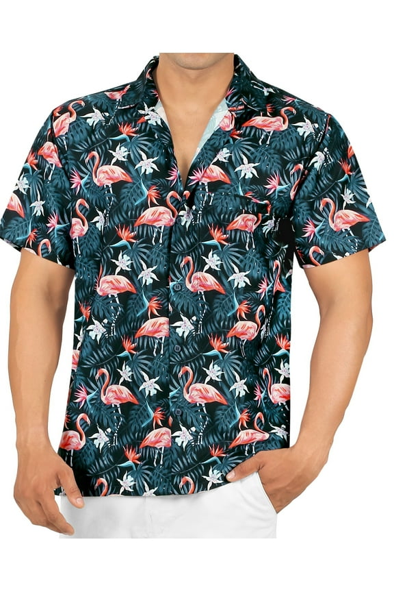 Men's Hawaiian Shirt Flamingo Casual Beach Shirts Short Sleeve Button Down Untuckit Shirts for Men M Tropical, Black