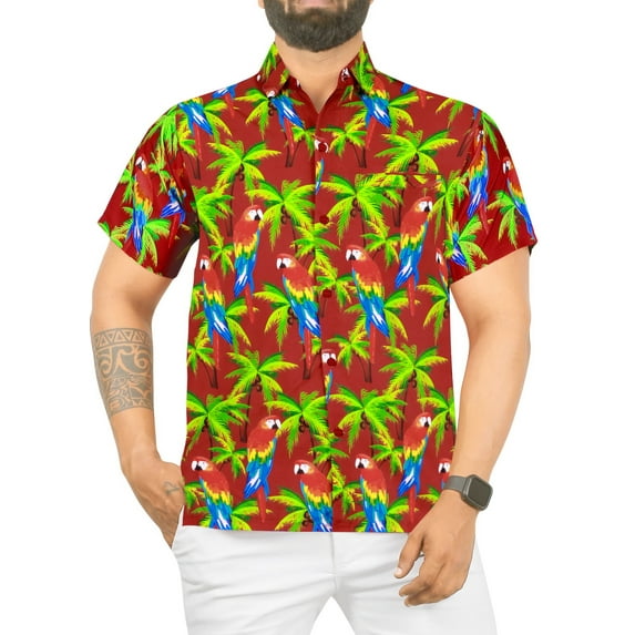 LA LEELA Men's Hawaiian Shirt Funny Casual Beach Shirts Short Sleeve Button Down Collar Shirts for Men L Parrot Palm, Red
