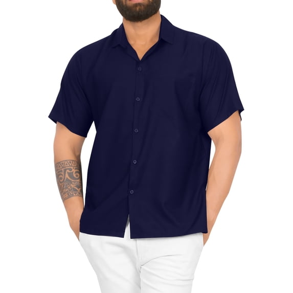 LA LEELA Men's Hawaiian Shirt Solid Beach Shirts Casual Button Down Short Sleeve Dress Shirts for Men S Navy, Plain