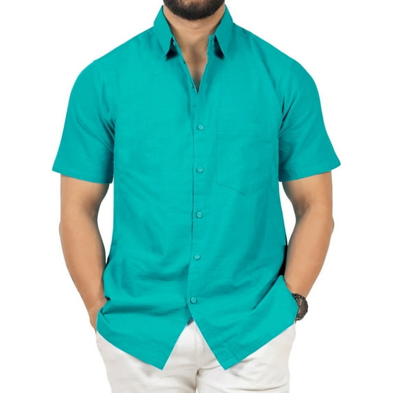 LA LEELA Men's Hawaiian Shirt Solid Casual Short Sleeve Button Down Beach Shirts for Men L Teal, Plain