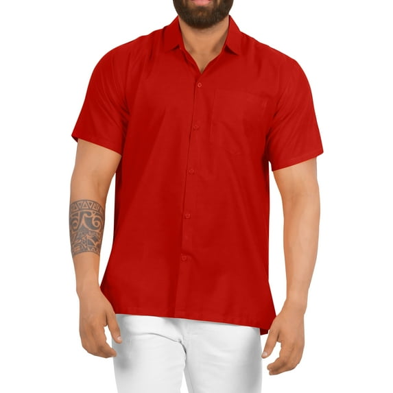 LA LEELA Men's Hawaiian Shirt Solid Casual Short Sleeve Button Down Beach Shirts for Men Summer 3XL Red, Plain