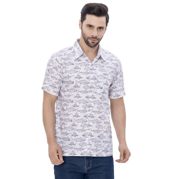 LA LEELA Mens Short Sleeve Button Down Casual Beach Shirt S Saltwater Fish White