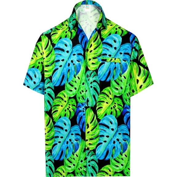 LA LEELA Men's Hawaiian Shirt Trendy Casual Beach Shirts Short Sleeve Button Down Untuckit Shirts for Men S Monstera Split Leaves, Green