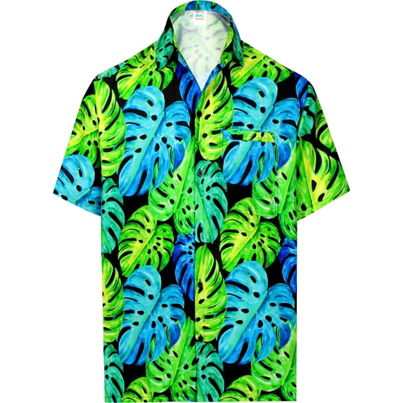 LA LEELA Men's Hawaiian Shirt Trendy Casual Beach Shirts Short Sleeve Button Down Untuckit Shirts for Men S Monstera Split Leaves, Green