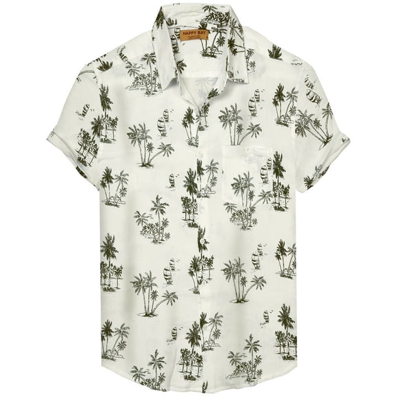 LA LEELA Men's Hawaiian Shirts Aloha Beach Shirts Casual Short Sleeve Button Up Shirt Men L Palm Tree, White Summer Vacation Holiday