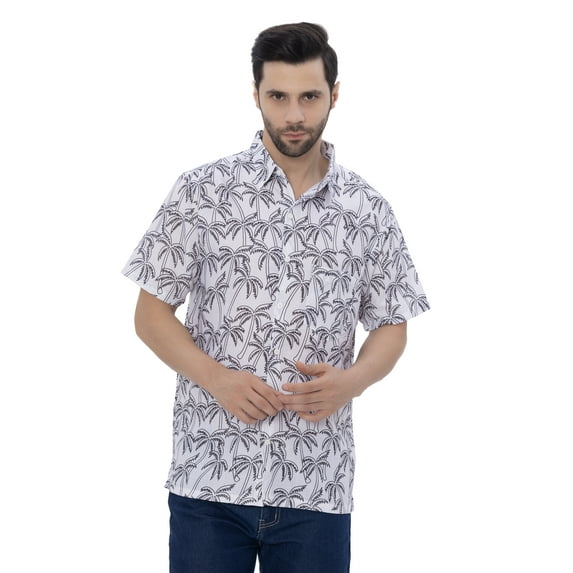 LA LEELA Men's Hawaiian Shirts Aloha Casual Beach Shirts Short Sleeve Button Down Collared Shirt Men L Palm Tree, White