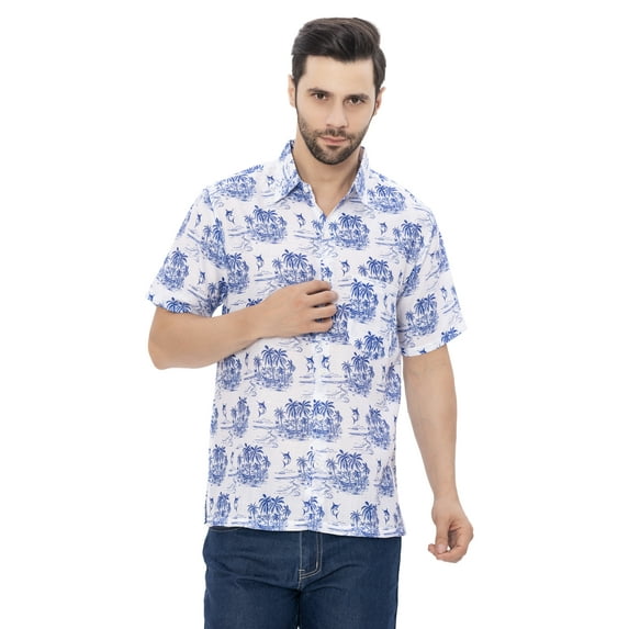 LA LEELA Men's Hawaiian Shirts Aloha Casual Beach Shirts Short Sleeve Button Down Collared Shirt Men L Tropical Beach, White
