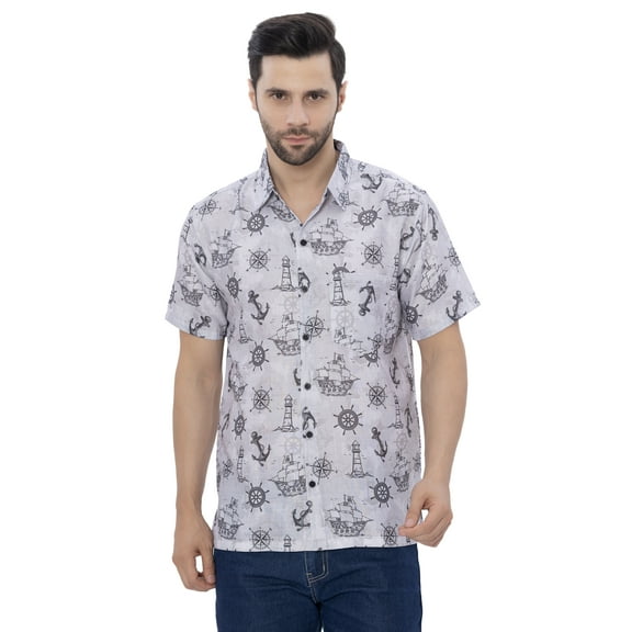 LA LEELA Men's Hawaiian Shirts Aloha Casual Beach Shirts Short Sleeve Button Down Collared Shirt Men S Ocean, Grey Summer Vacation Holiday