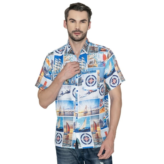 LA LEELA Men's Hawaiian Shirts Short Sleeve Button Down Shirt Men's Hawaii Shirts Boho Vacation Summer Beach Shirts for Men S Water Surf, Multicolor