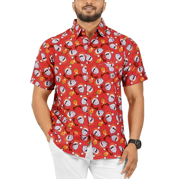 LA LEELA Men's Hawaiian Shirts Short Sleeve Button Down Shirt Mens Christmas Tree Shirts Vacation Island Shirts for Men Funny L Funny Santa Face, Red