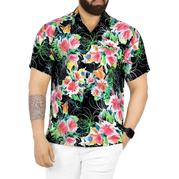 LA LEELA Men's Hawaiian Shirts Short Sleeve Button Down Shirt Floral Shirt Men Casual Beach Holiday Hawaii Island Shirts for Men Funny S Garland Lei, Black