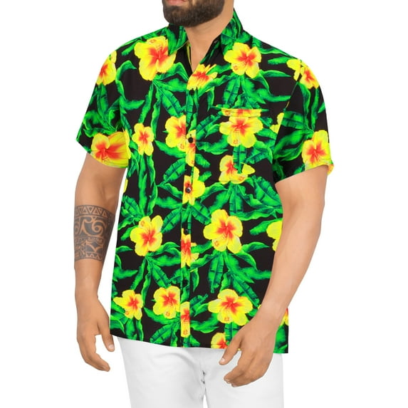 LA LEELA Men's Hawaiian Shirts Short Sleeve Button Down Shirt Floral Shirt Men Casual Beach Holiday Hawaii Island Shirts for Men Funny XL Hibiscus, Black