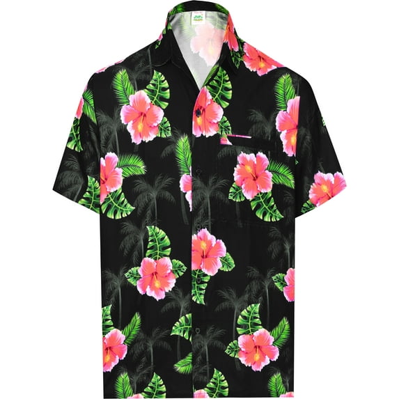 LA LEELA Men's Hawaiian Shirts Short Sleeve Button Down Shirt Floral Shirt Men Casual Holiday Summer Party Caribbean Shirts for Men Funny M Allover Hibiscus, Black