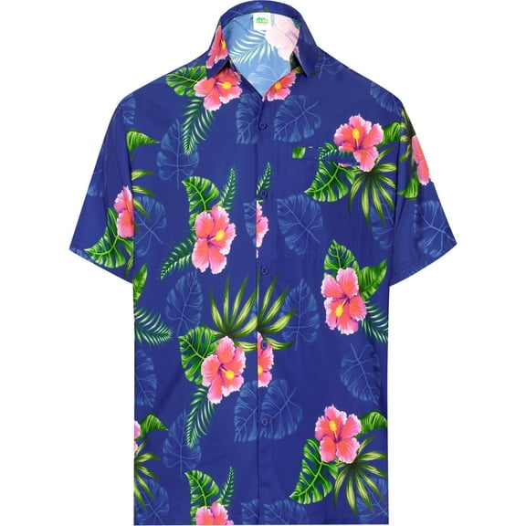 LA LEELA Men's Hawaiian Shirts Short Sleeve Button Down Shirt Floral Shirt Men Summer Beach Casual Vacation Tropical Shirts for Men Funny L Hibiscus Palm Leaves, Blue